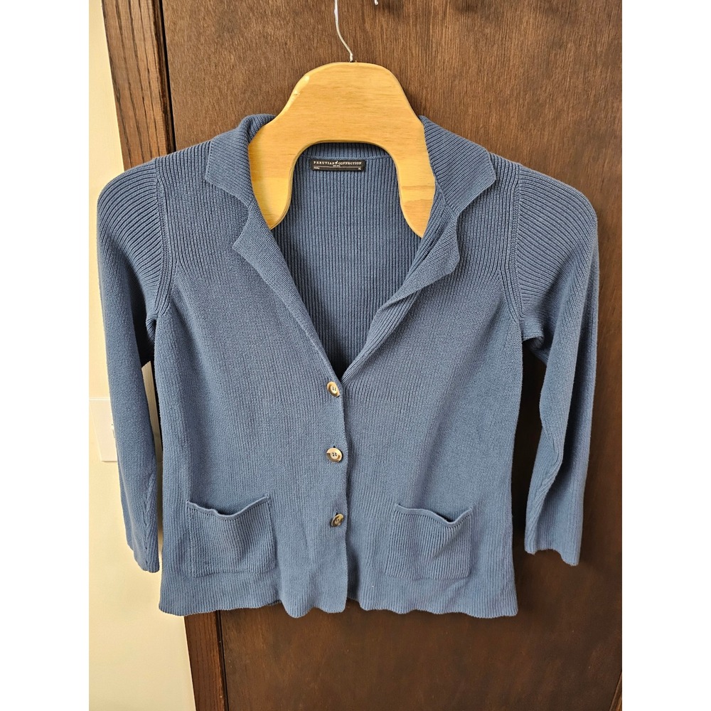 Peruvian Connection Blue 100% Cotton Ribbed Knit Button Cardigan Sweater XL